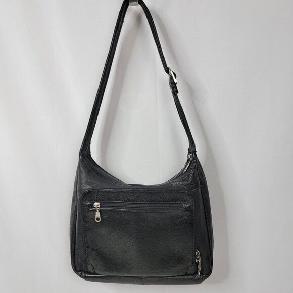 Genuine Leather Black Shoulder Bag | Multi Pocket Crossbody Purse - Picture 4 of 15